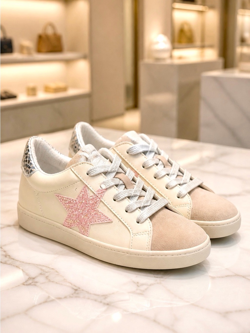 Steve Madden Rezume Women's Cream Sneaker with Pink Glitter Star Detail Size 6